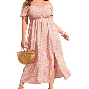 Adorel Pink & White Boho Smocked Top Leopard Print Side Slit Maxi Dress